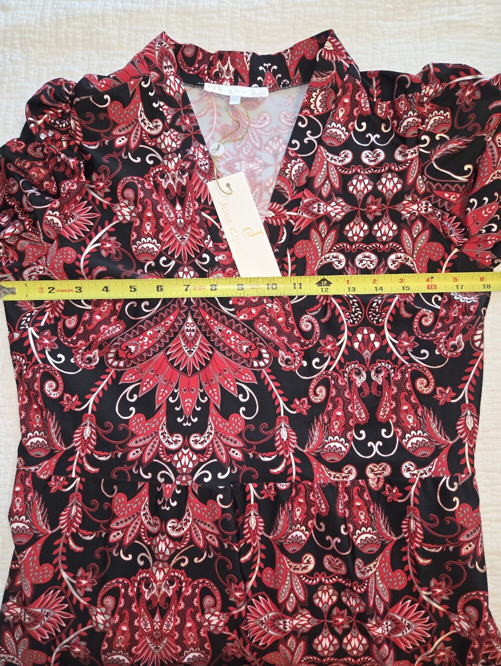 Jude Connally Red & Silver Paisley Amore Dress, 3/4 Sleeves, Small - Picture 3 of 7